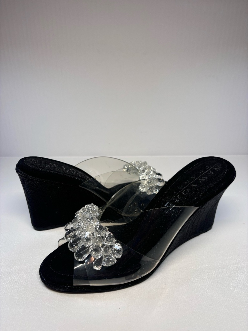 New York Transit Black Wedge Sandals Clear Strap Clear Jewels Slides Size 9M